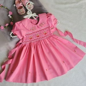 Sweet Pink Smocked Embroidered Baby Girl Dress. Toddlers Birthday Smocking Dress